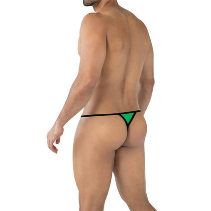 Model wearing C4MSPX04 Fluo Pouch V-String Green, showcasing minimalist design and contoured fit for men.