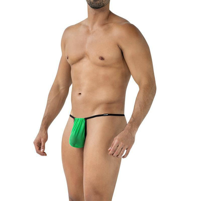 C4MSPX04 Fluo Pouch V-String Green men's thong with contoured front pouch displaying bold green design and adjustable black strap.