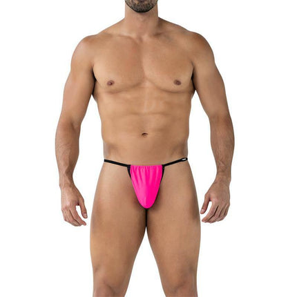 Model wearing C4MSPX04 Fluo Pouch V-String Hot Pink thong for men, showcasing a bold design and comfortable fit on the hips.