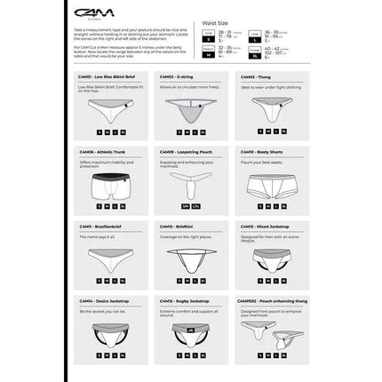 C4M men's underwear styles size chart for a range of products, including briefs, trunks, and jockstraps.