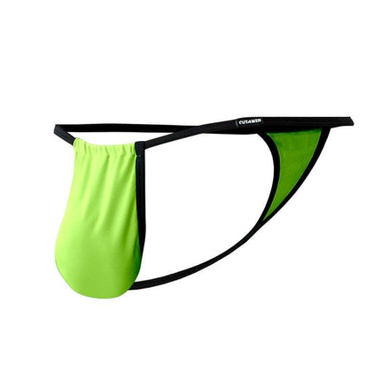 C4MSPX04 Fluo Pouch V-String in bright green, showcasing its minimalist thong design, suitable for men’s underwear and swimwear.