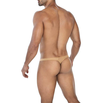 Back view of C4MSPX06 Brazilian Thong Golden Sand on male model, showcasing sleek and modern beachwear design.