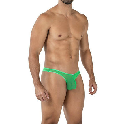 Model wearing C4MSPX07 Capri Brief Green, sleek design for modern men, suitable as underwear or swimwear, bold style.