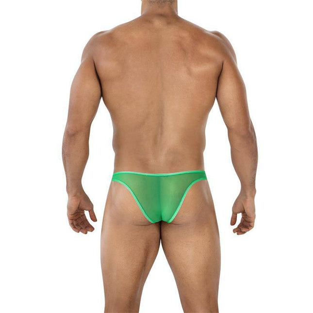 Back view of model wearing C4MSPX07 Capri Brief Green, sleek silhouette, underwear or swimwear, glow green color.