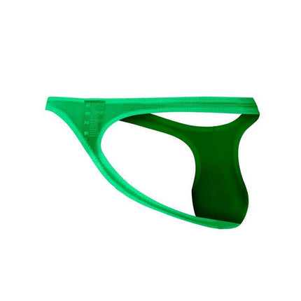 C4MSPX11 Micro Thong Green, T-back design, men's minimalist underwear or swimwear, polyamide elastane blend.