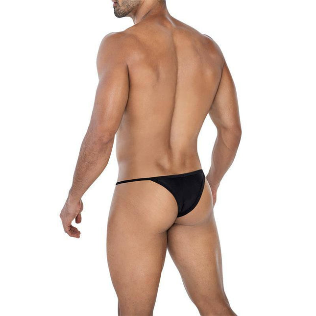 Model wearing C4MSPX16 Tanga Kini Black swim brief, showcasing sleek and bold design.