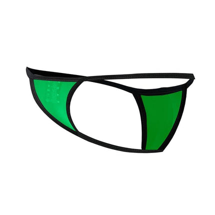 C4MSPX17 Mini Tanga Kini Green with bold green fabric, black trim, and waistband for a sleek look