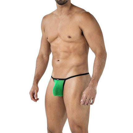 C4MSPX17 Mini Tanga Kini Green featuring bold green fabric with black trim for a striking and confident look.