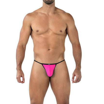 C4MSPX17 Mini Tanga Kini Hot Pink with black trim and waistband, designed for bold men’s swimwear and underwear fashion.