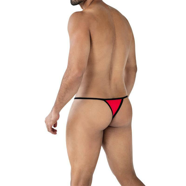 C4MSPX17 Mini Tanga Kini Scarlet thong for men in red and black mesh design, highlighting minimalist style and daring silhouette.