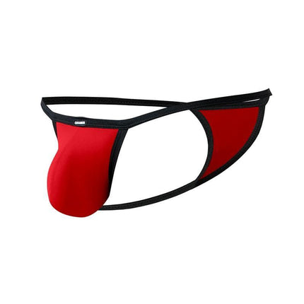 C4MSPX17 Mini Tanga Kini Scarlet, sleek red men's thong with black trim for style and comfort.