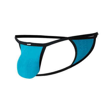 C4MSPX17 Mini Tanga Kini Turquoise with black trim for bold, comfortable beachwear.