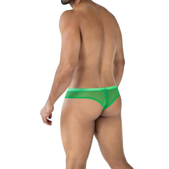Back view of man wearing C4MSPX22 Cheeky Brief Green showcasing low-rise fit and bold design.