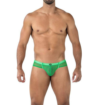 C4MSPX22 Cheeky Brief Green worn by model showcasing low-rise silhouette and bold green color.