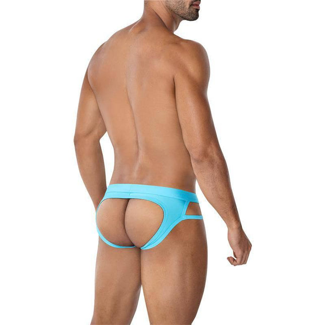 C4MSPX23 Web Jockstrap Turquoise featuring vibrant turquoise color and two-band front design, displayed on a male model from the back.