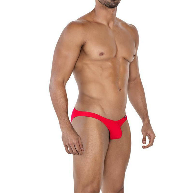 Model wearing C4MSPXBUL01 Low Rise Bulge Brief Scarlet, highlighting slim, low-rise fit and vibrant color.