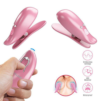 Cailey Nipple Clamps with Vibration and Remote, featuring wireless stimulation and 10 vibration modes for personal or shared pleasure.