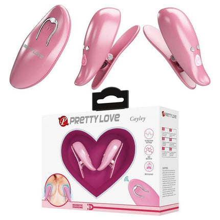 Cailey Nipple Clamps with Vibration and Remote - pink clamps and packaging shown