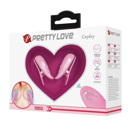 Product packaging for Cailey Nipple Clamps with Vibration and Remote, featuring pink clamps and wireless remote in a heart-shaped design.