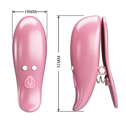 Cailey Nipple Clamps with Vibration and Remote in pink, showcasing dimensions and design features for pleasure.