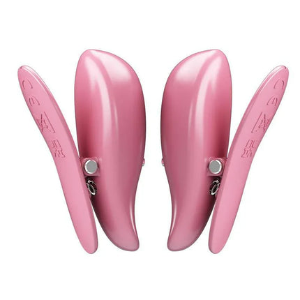 Cailey Nipple Clamps with Vibration and Remote in pink, showcasing ergonomic design and 10 adjustable vibration modes.
