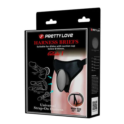 Caludio I Universal StrapOn Harness packaging image with discreet design and compatibility details.