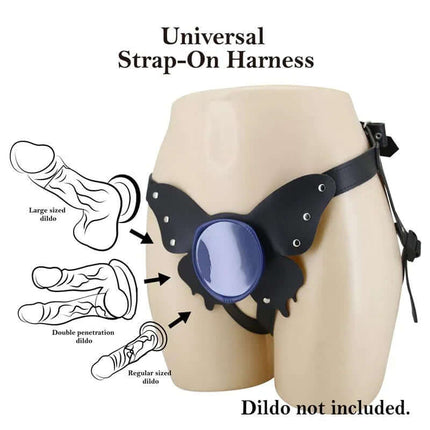 Caludio II Universal StrapOn Harness Butterfly with butterfly design, shown with large, double, and regular sized dildo options.