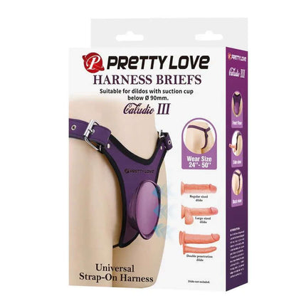 Caludio III Universal StrapOn Harness Purple packaging showing product and features