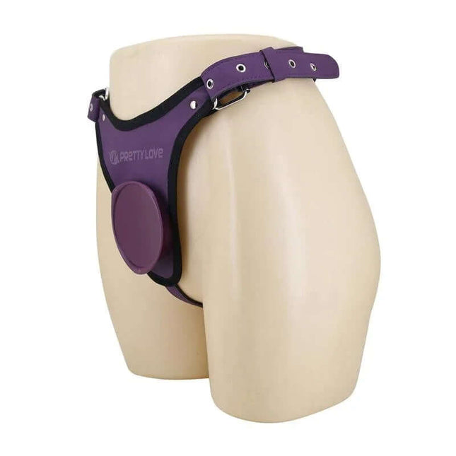 Caludio III Universal StrapOn Harness Purple displayed on mannequin, showcasing front and side views with adjustable straps.