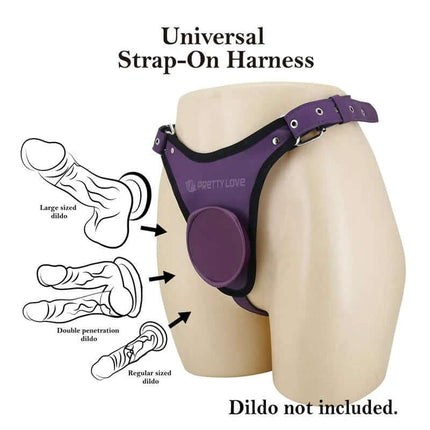 Caludio III Universal StrapOn Harness Purple displayed on mannequin with diagram of compatible dildo sizes, emphasizing versatility and comfort.