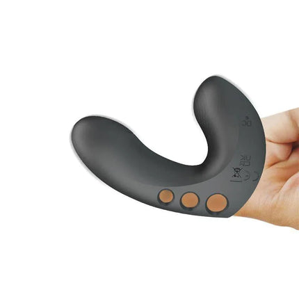 Camelia Finger Sleeve Vibrator in black shows skin-friendly silicone design and three control buttons for customizable pleasure.