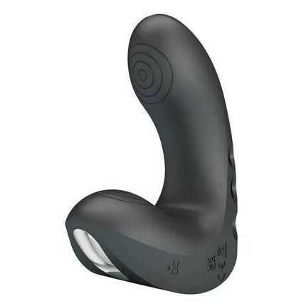 Black ergonomic vibrator with multiple vibration modes and soft silicone material for comfortable use.