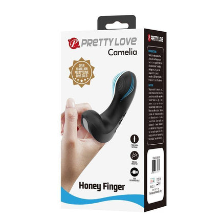 Camelia Finger Sleeve Vibrator packaging showing handheld design with 7 vibration modes and skin-friendly material for intimate play.