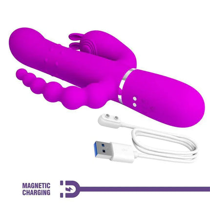 Cammy 4 in 1 Vibe with Rotating Balls and Anal Chain in purple silicone with USB magnetic charging cable.