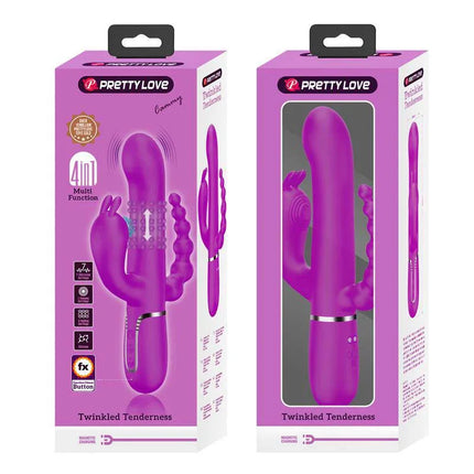 Cammy 4 in 1 Vibe with Rotating Balls and Anal Chain in packaging, Pretty Love brand, multi-function vibrator, purple color.
