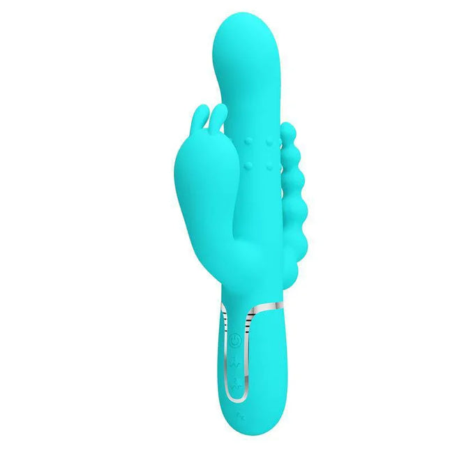 Cammy Tripple Rabbit Vibrator with Beads Turquoise for multi-point pleasure and triple-stimulation, premium silicone design.