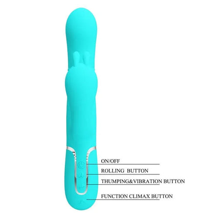 Cammy Tripple Rabbit Vibrator with Beads Turquoise showing button functions and design features.
