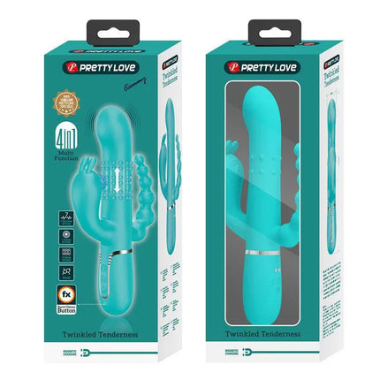 Cammy Tripple Rabbit Vibrator with Beads Turquoise in packaging showcasing 4-in-1 multifunction features for multi-point stimulation.