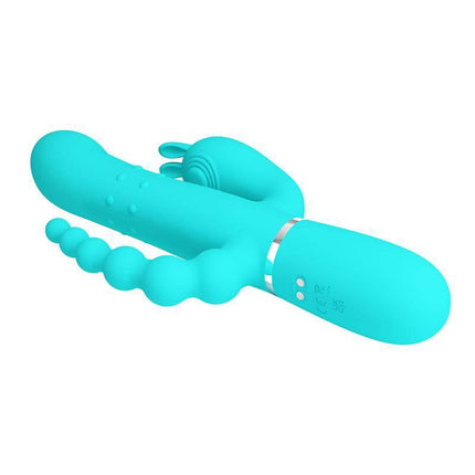 Cammy Tripple Rabbit Vibrator with Beads Turquoise for multi-point stimulation and pleasure in a sleek design.