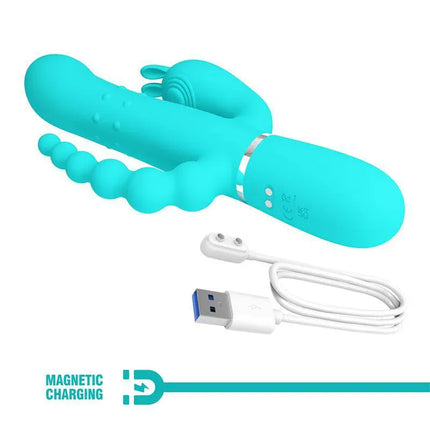 Cammy Tripple Rabbit Vibrator with Beads Turquoise featuring magnetic charging cable.