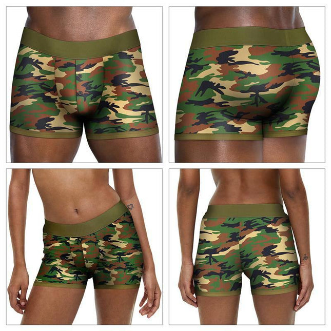 Camo Strapon Shorts 38-42 - Unisex camouflage green boxers for comfort and versatile strap-on play.