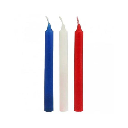Candles 3 pc. set featuring red, blue, and white candles for intimate and playful experiences.