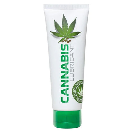 Cannabis Water Base Lubricant 125 ml, tube packaging with cannabis leaf design for a premium intimate experience.
