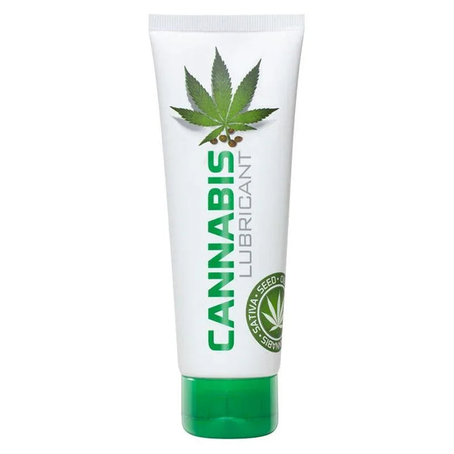 Cannabis Water Base Lubricant 125 ml, tube packaging with cannabis leaf design for a premium intimate experience.