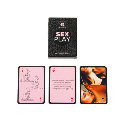 Card Game Sex Play (FR/PT) box and cards displayed on a white background, showcasing engaging and seductive game visuals.