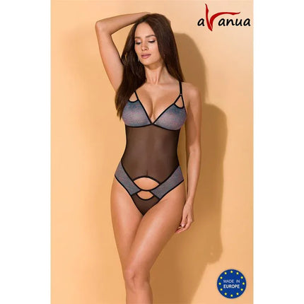 Carina Body Black semi-transparent bodysuit with adjustable straps and black stripes on bust, available in multiple sizes.