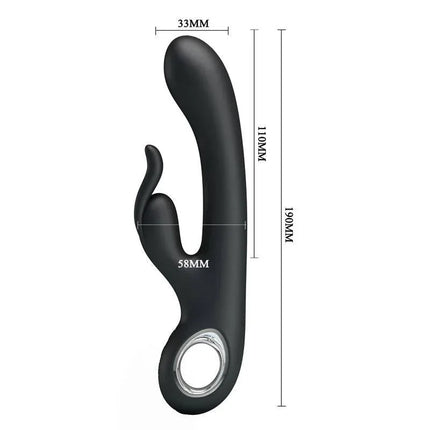 Black Carina Rabbit Vibrator with Memory Function featuring ergonomic design and measurements for dual-stimulation pleasure.