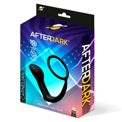 Carnelian Vibrating Anal Plug with Penis Ring packaging by Afterdark