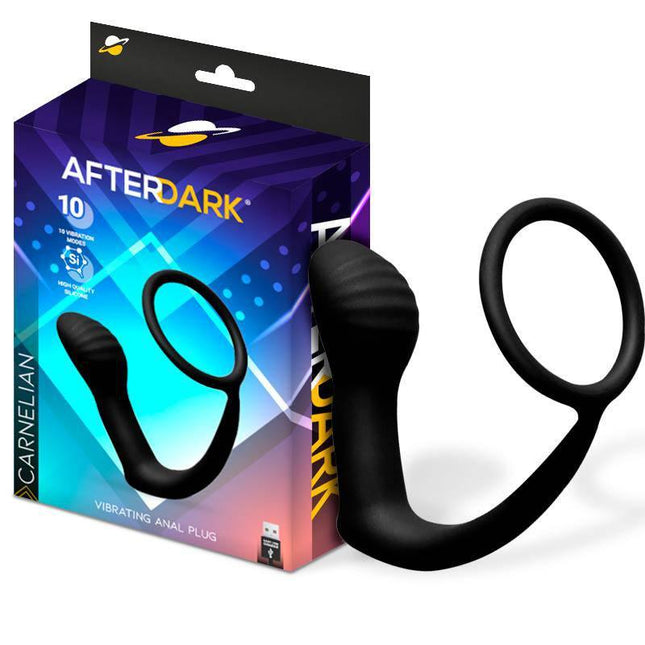 Carnelian Vibrating Anal Plug with Penis Ring by Afterdark packaging and product