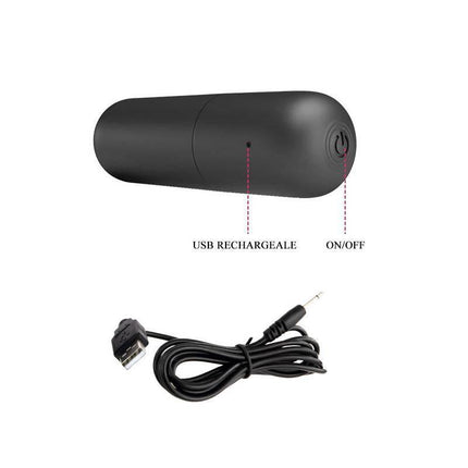 Black USB rechargeable bullet vibrator with on/off button and charging cable.